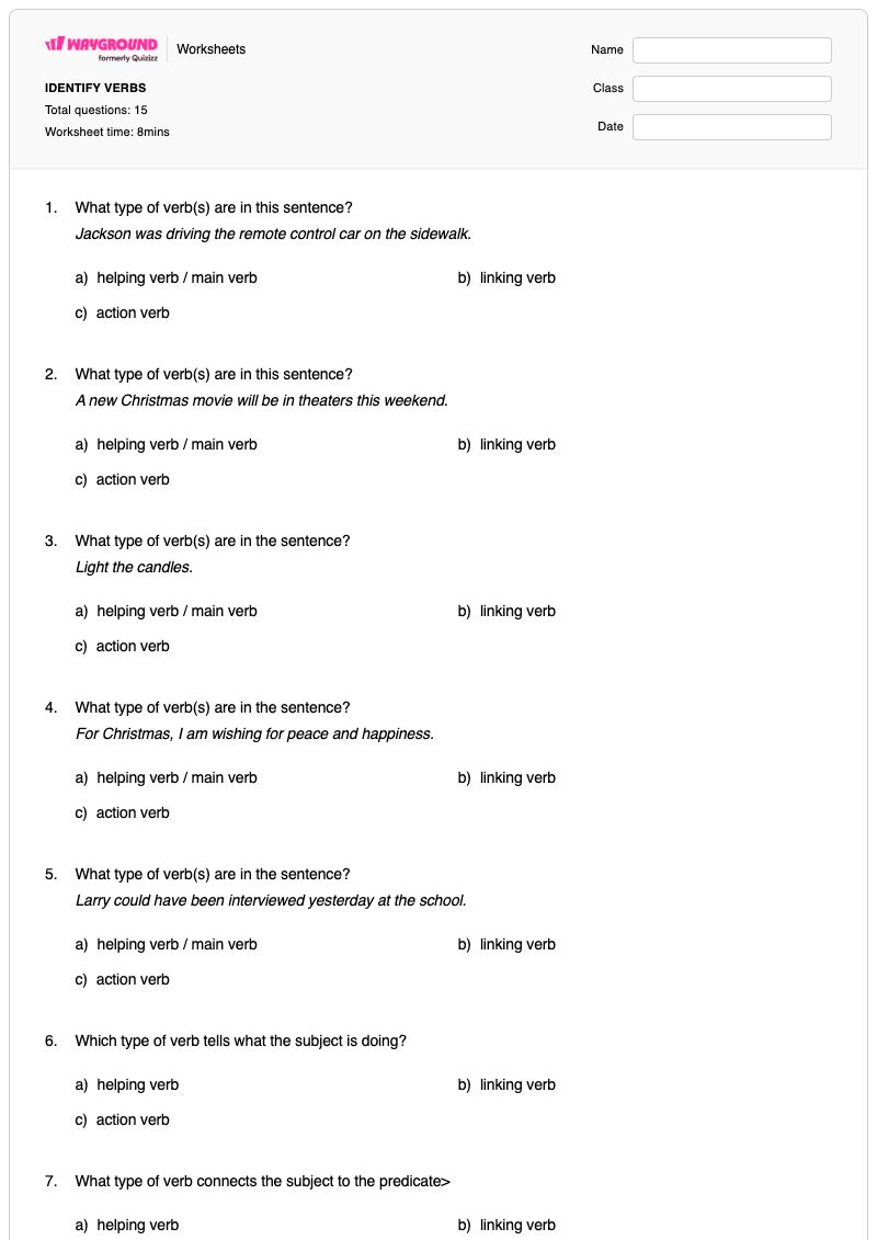 IDENTIFY VERBS - พิมพ์ได้ คำกริยาแสดงการกระทำ เวิร์กชีท - Wayground