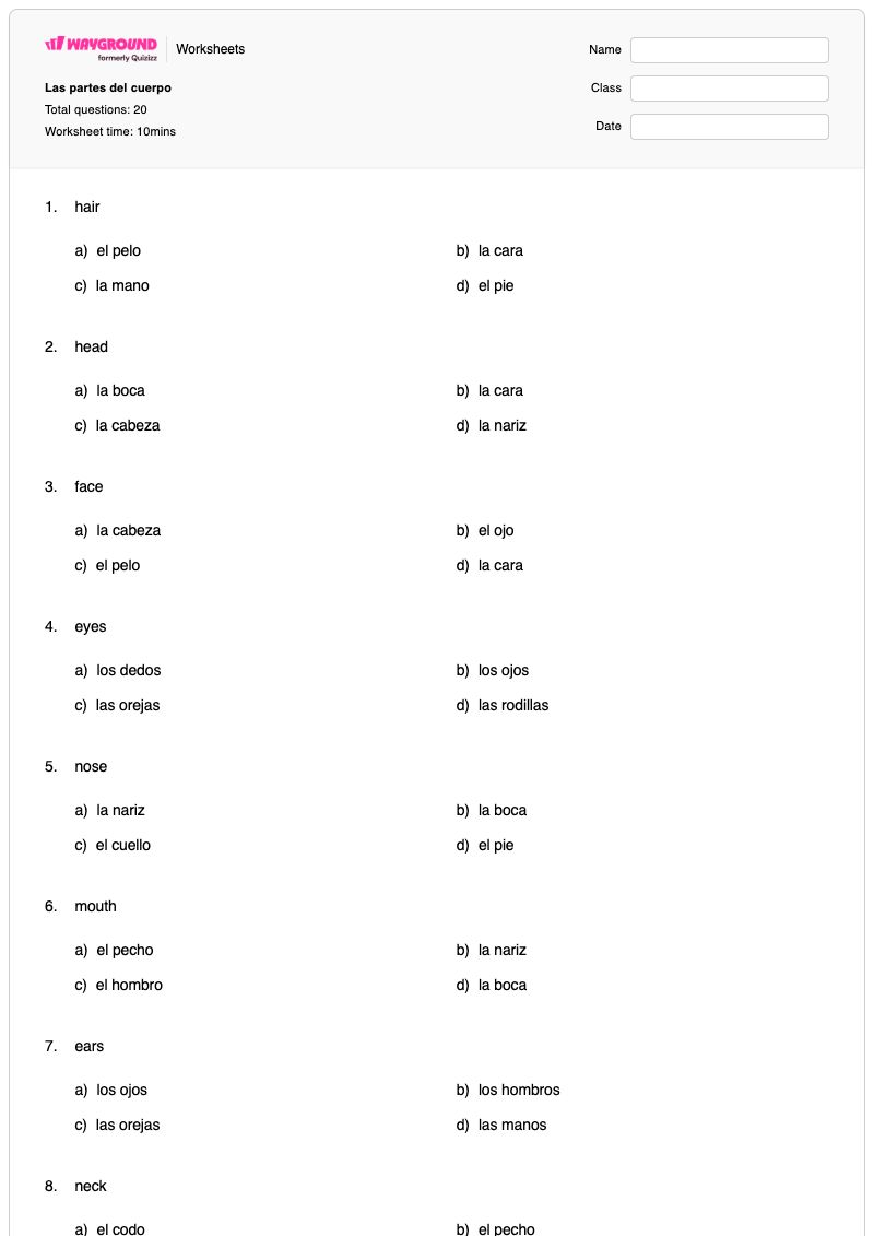 Las partes del cuerpo - Printable Body-parts Worksheets - Wayground