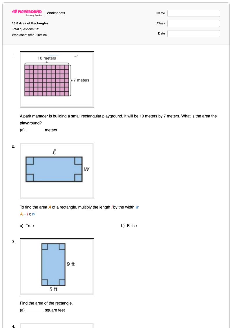 13.6 Area of Rectangles - Printable Area-with-fractional-side-lengths Worksheets Year 3 - Wayground