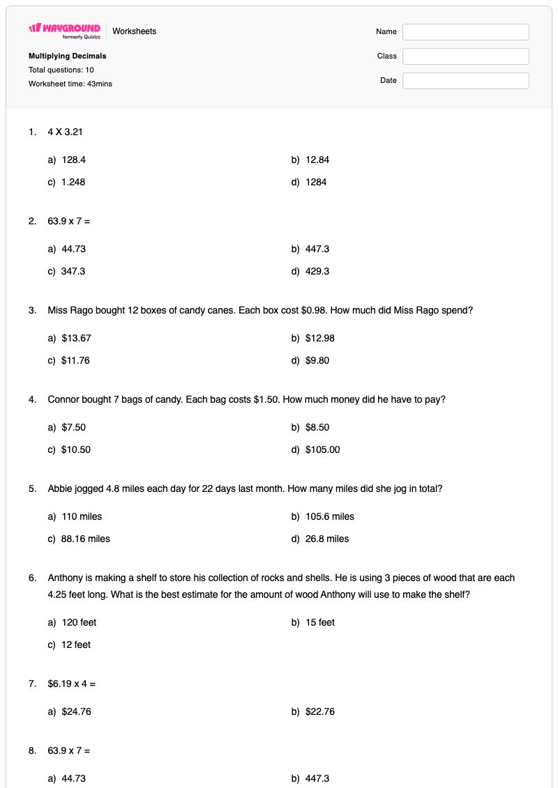 Multiplying Decimals - Printable Multiplication Worksheets - Wayground