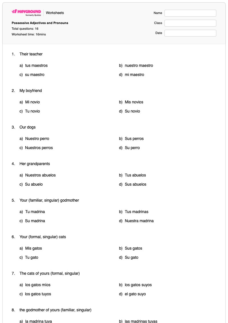 Possessive Adjectives and Pronouns - Printable Possessive-pronouns Worksheets - Wayground