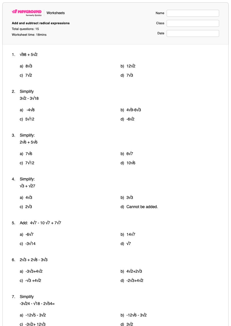 Add and subtract radical expressions - พิมพ์ได้ Adding-and-subtracting-radicals เวิร์กชีท - Wayground