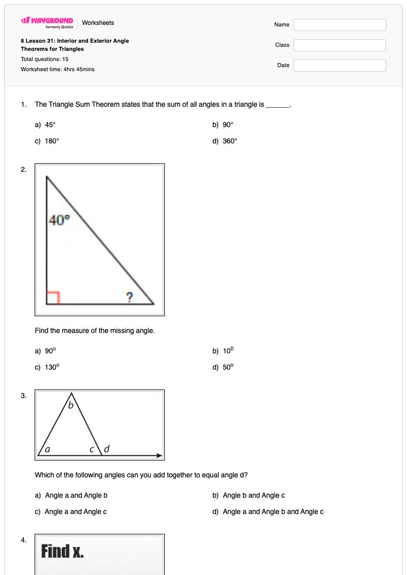 8 Lesson 31: Interior and Exterior Angle Theorems for Triangles - พิมพ์ได้ ทฤษฎีบทผลรวมสามเหลี่ยม เวิร์กชีท - Wayground