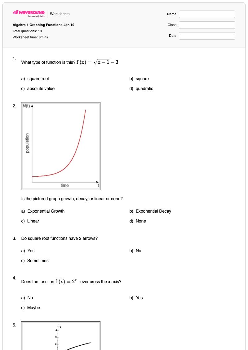 Algebra 1 Graphing Functions Jan 10 - Printable Algebra Worksheets - Wayground