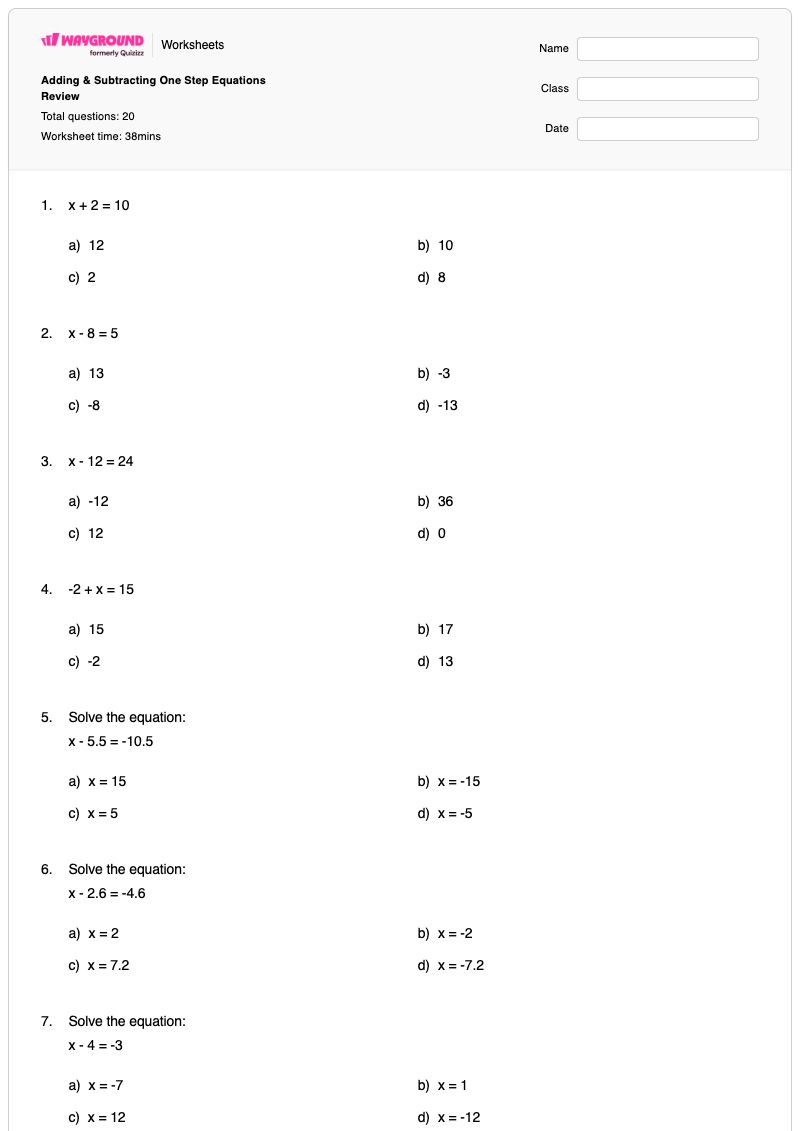 Adding & Subtracting One Step Equations Review - พิมพ์ได้ สมการขั้นตอนเดียว เวิร์กชีท - Wayground