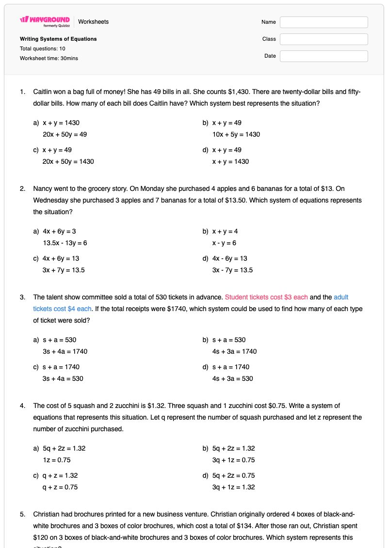 Writing Systems of Equations - Printable System-of-equations-word-problems Worksheets - Wayground