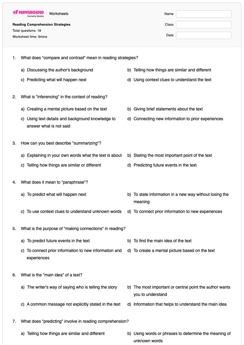 Reading Comprehension Strategies - Printable Reading-comprehension-strategies Worksheets - Wayground