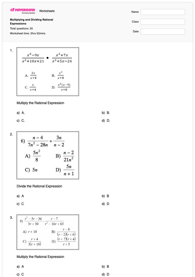 Multiplying and Dividing Rational Expressions - พิมพ์ได้ การแสดงออก เวิร์กชีท - Wayground