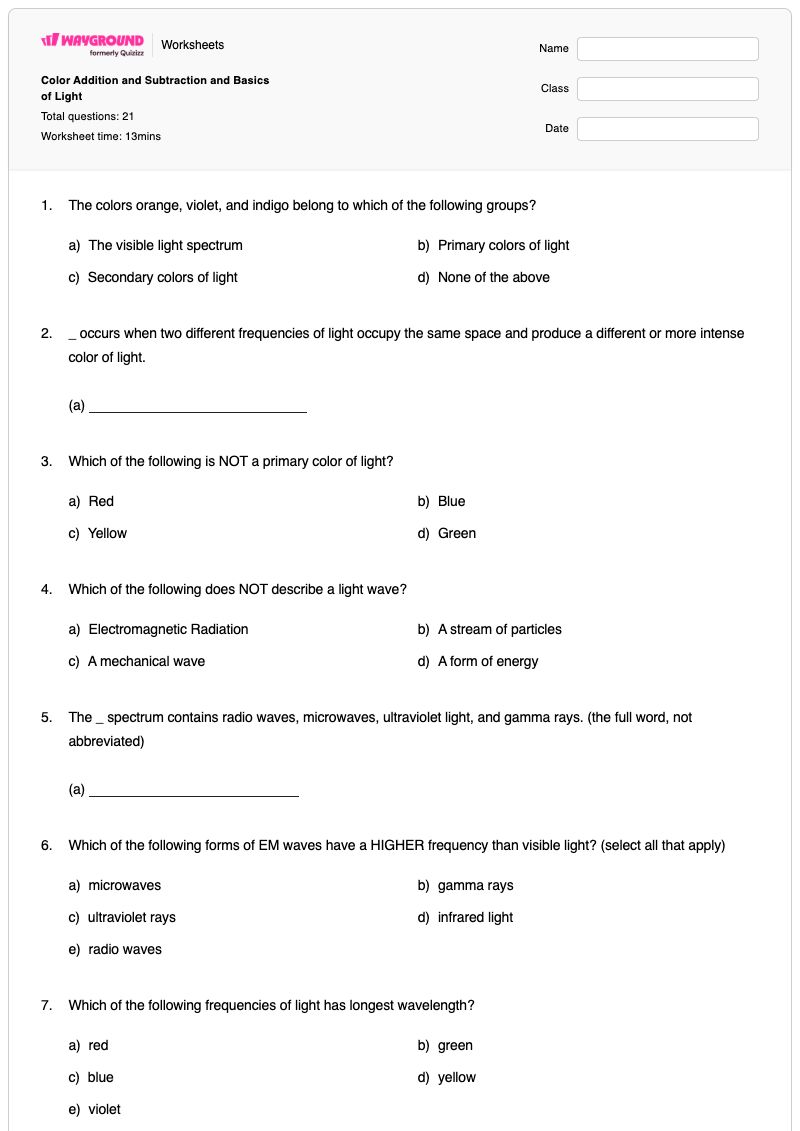 Color Addition and Subtraction and Basics of Light - พิมพ์ได้ Addition-and-subtraction เวิร์กชีท - Wayground