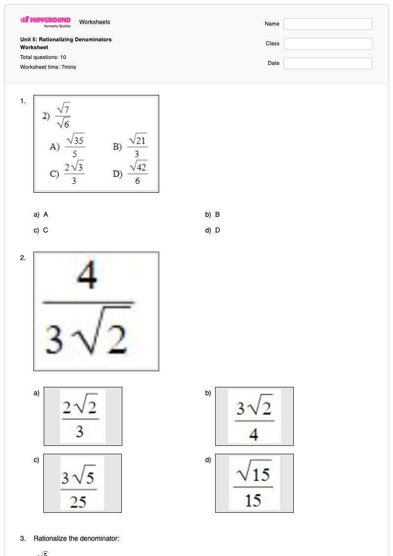 Unit 5: Rationalizing Denominators Worksheet - Nadający się do druku Racjonalizacja Karty-pracy - Wayground
