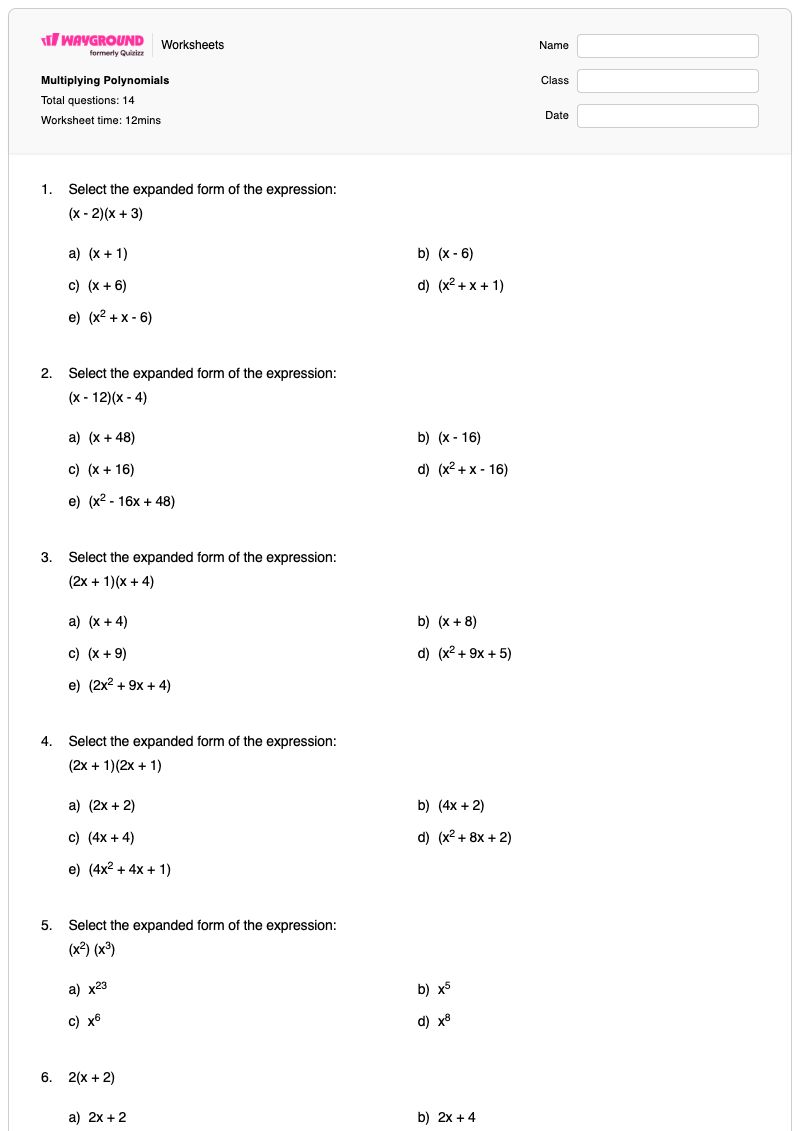 Multiplying Polynomials - Printable Expanding-brackets-with-surds Worksheets Class 12 - Wayground