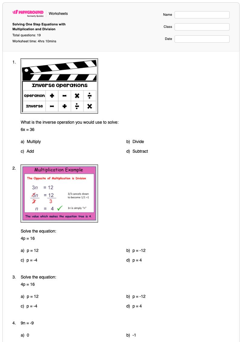 Solving One Step Equations with Multiplication and Division - พิมพ์ได้ สมการขั้นตอนเดียว เวิร์กชีท - Wayground