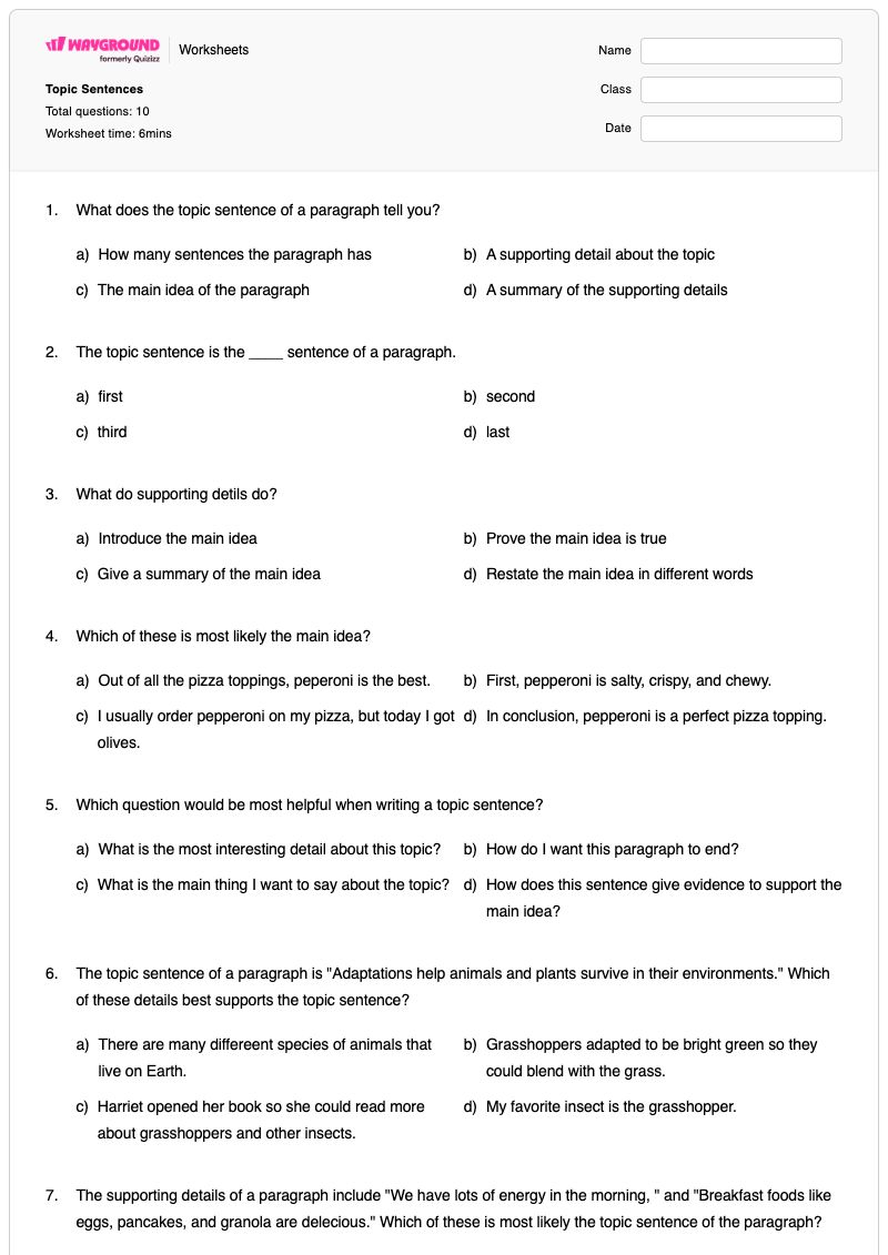 Topic Sentences - พิมพ์ได้ Topic-sentence เวิร์กชีท ระดับ 4 - Wayground