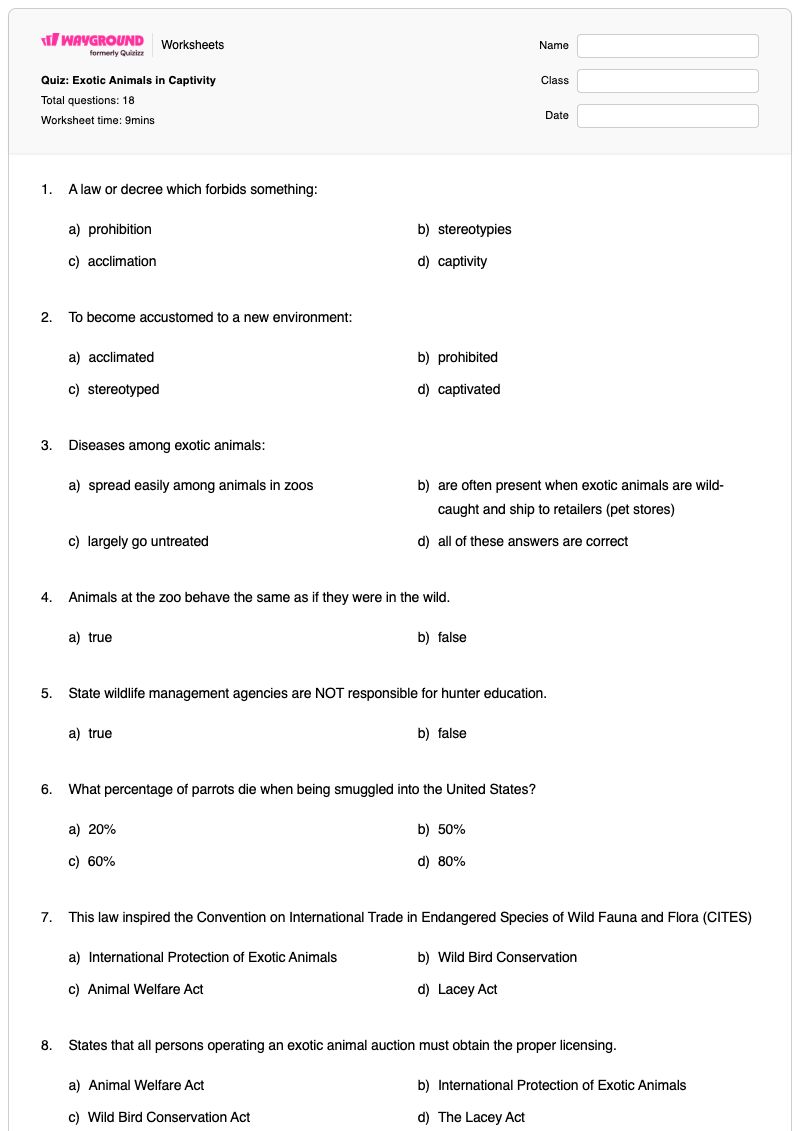 Quiz: Exotic Animals in Captivity - Printable Science Worksheets Grade 10 - Wayground