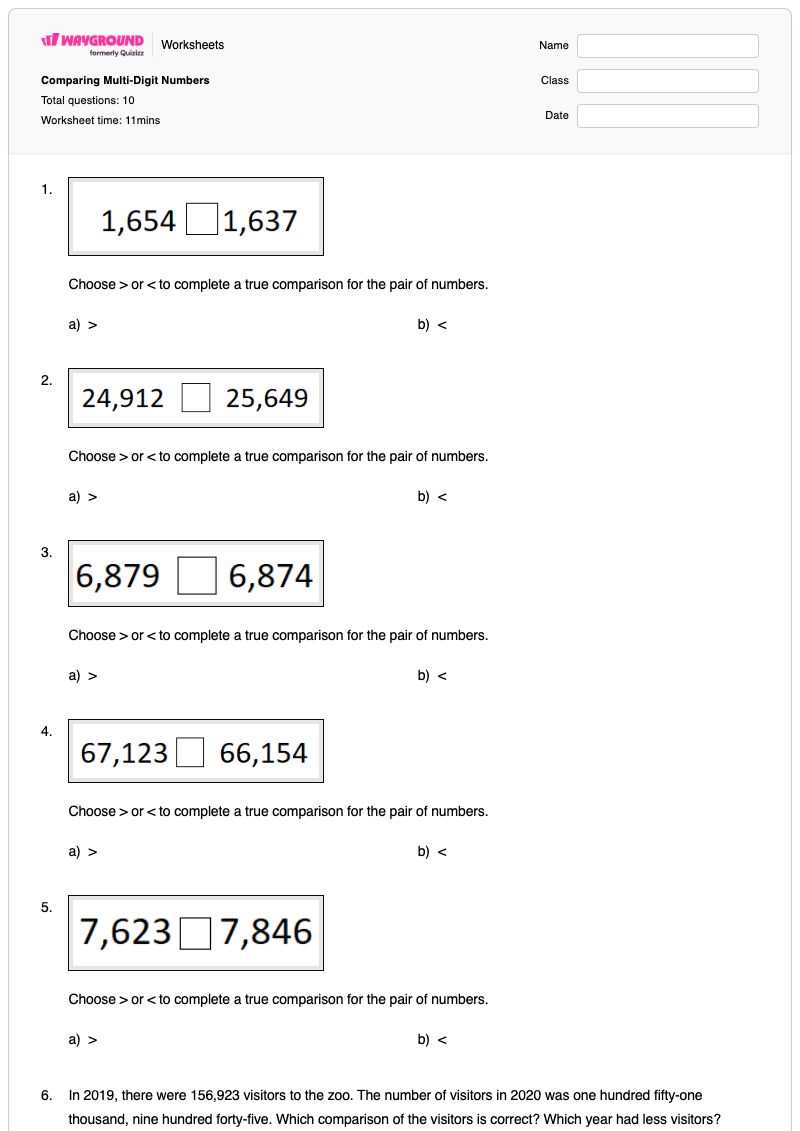 Comparing Multi-Digit Numbers - Printable Comparing-numbers:-more-or-less-than Worksheets Kindergarten - Wayground