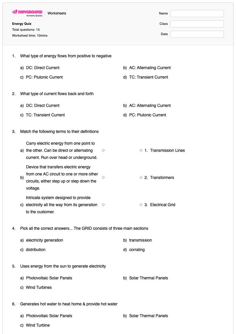 Energy Quiz  - Printable Power-to-a-power Worksheets - Wayground