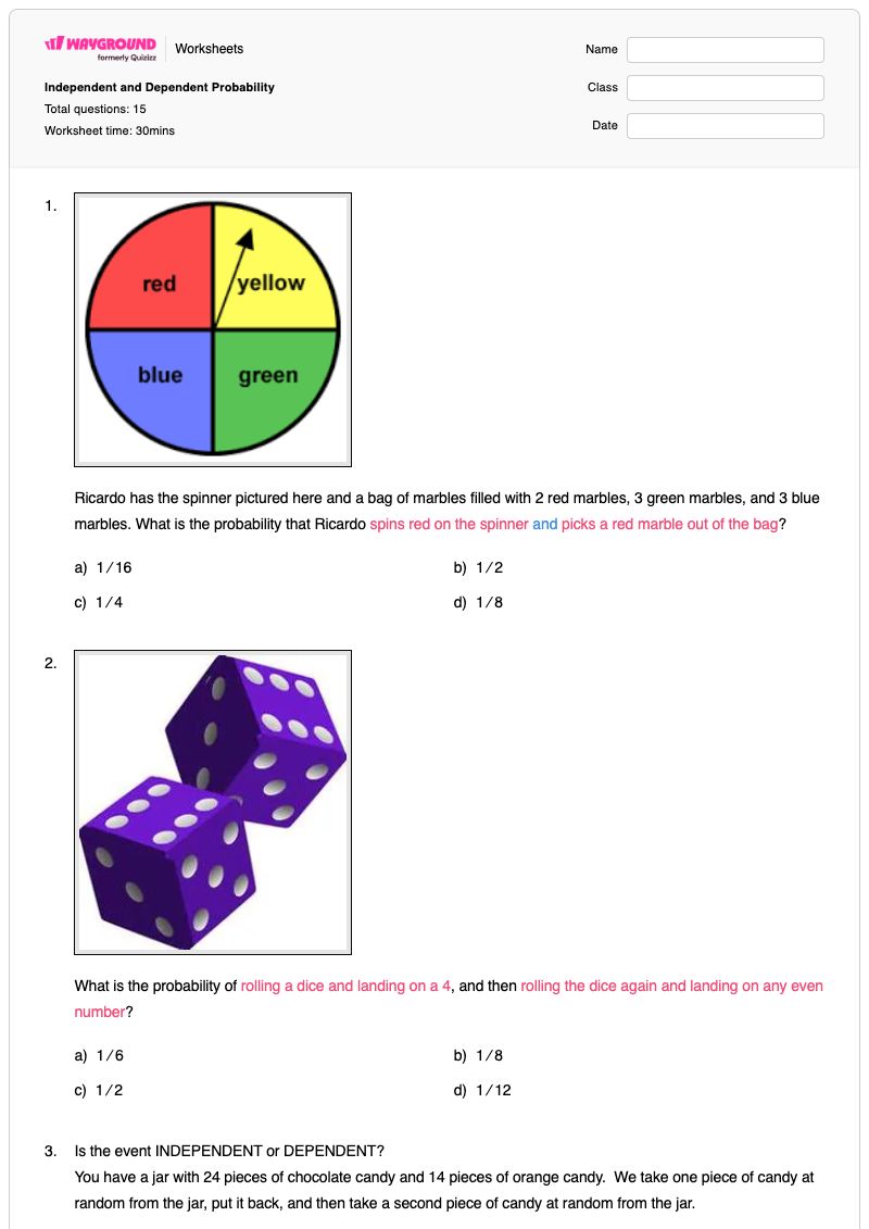Independent and Dependent Probability - Printable Independent-and-dependent-events Worksheets - Wayground