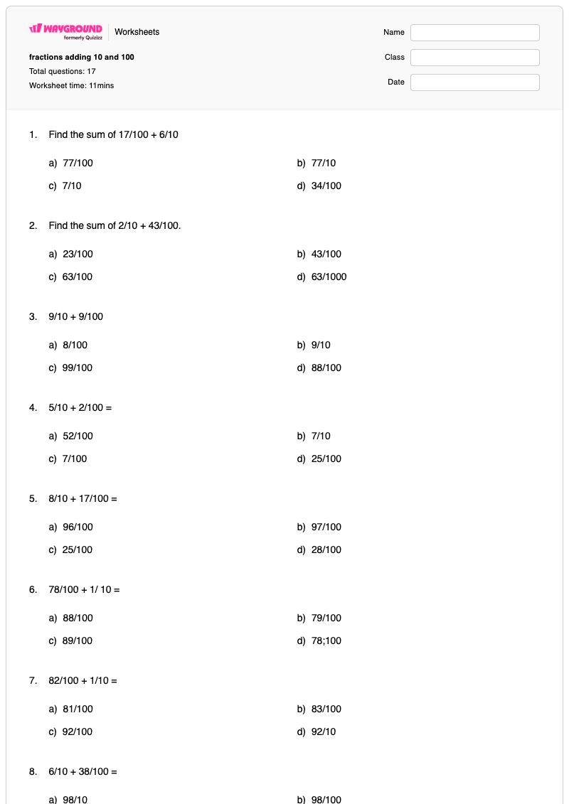 fractions adding 10 and 100 - Printable Fractions Worksheets - Wayground