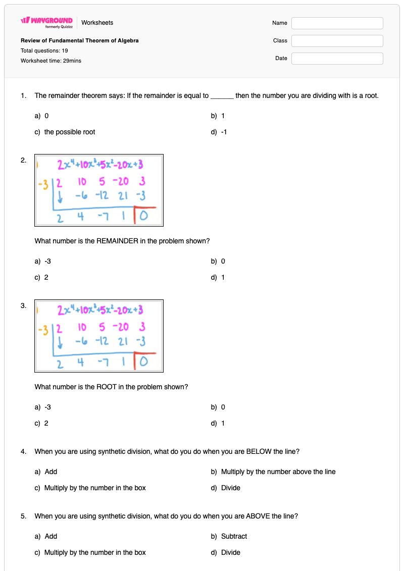 Review of Fundamental Theorem of Algebra - Printable Division Worksheets - Wayground