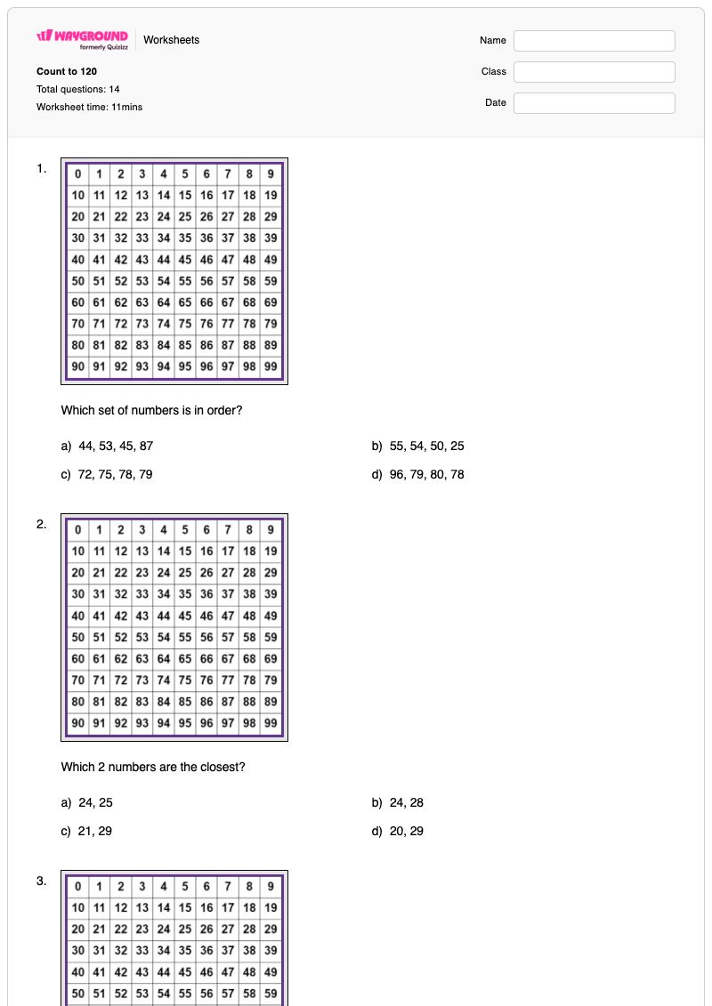 Count to 120 - Printable Plotting-numbers-on-a-number-line Worksheets Grade 1 - Wayground