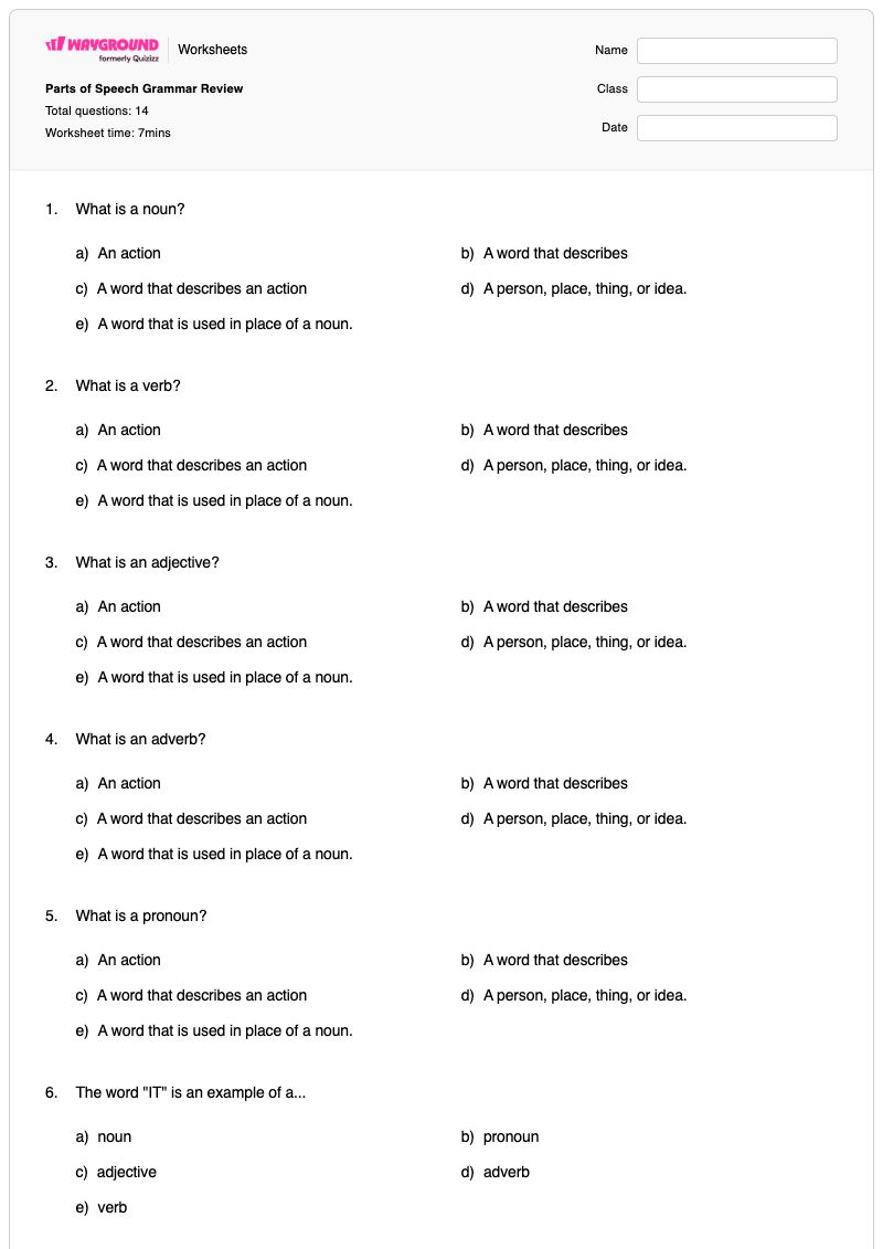 Parts of Speech Grammar Review - พิมพ์ได้ ส่วนประกอบของคำพูด เวิร์กชีท - Wayground