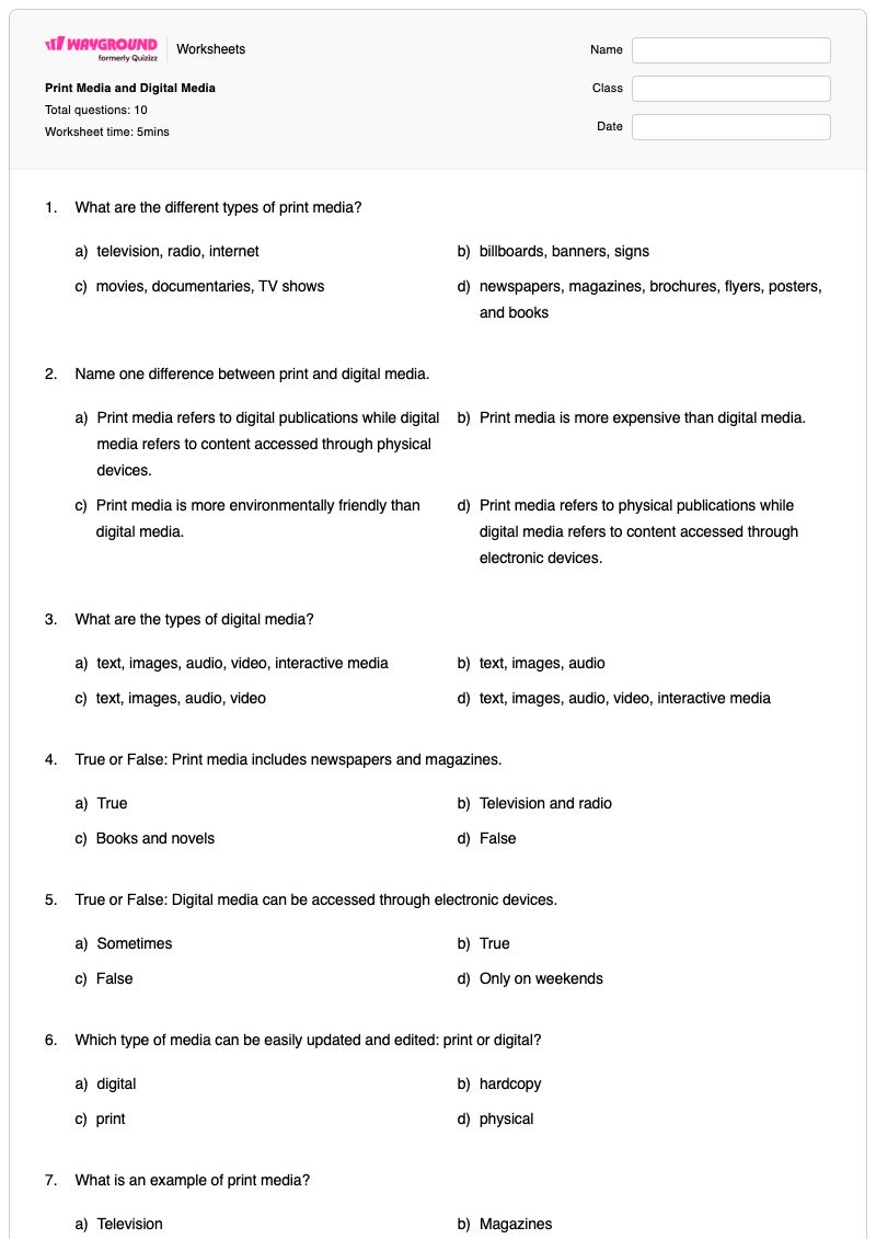 Print Media and Digital Media - Printable Math Worksheets - Wayground