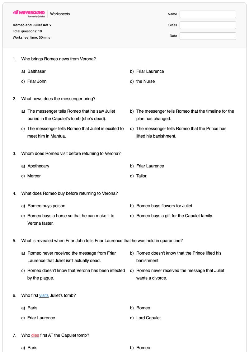 Romeo and Juliet Act V - Printable Romeo-and-juliet Worksheets - Wayground