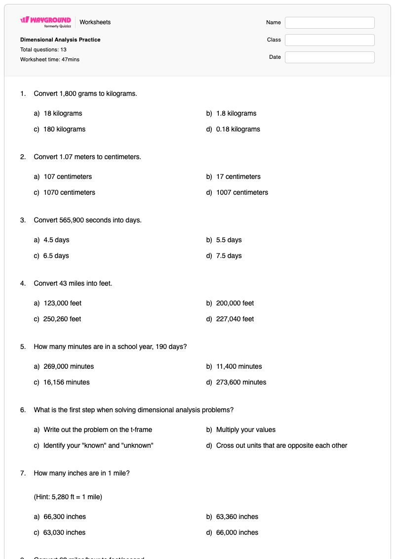 Dimensional Analysis Practice - พิมพ์ได้ Dimensional-analysis เวิร์กชีท - Wayground