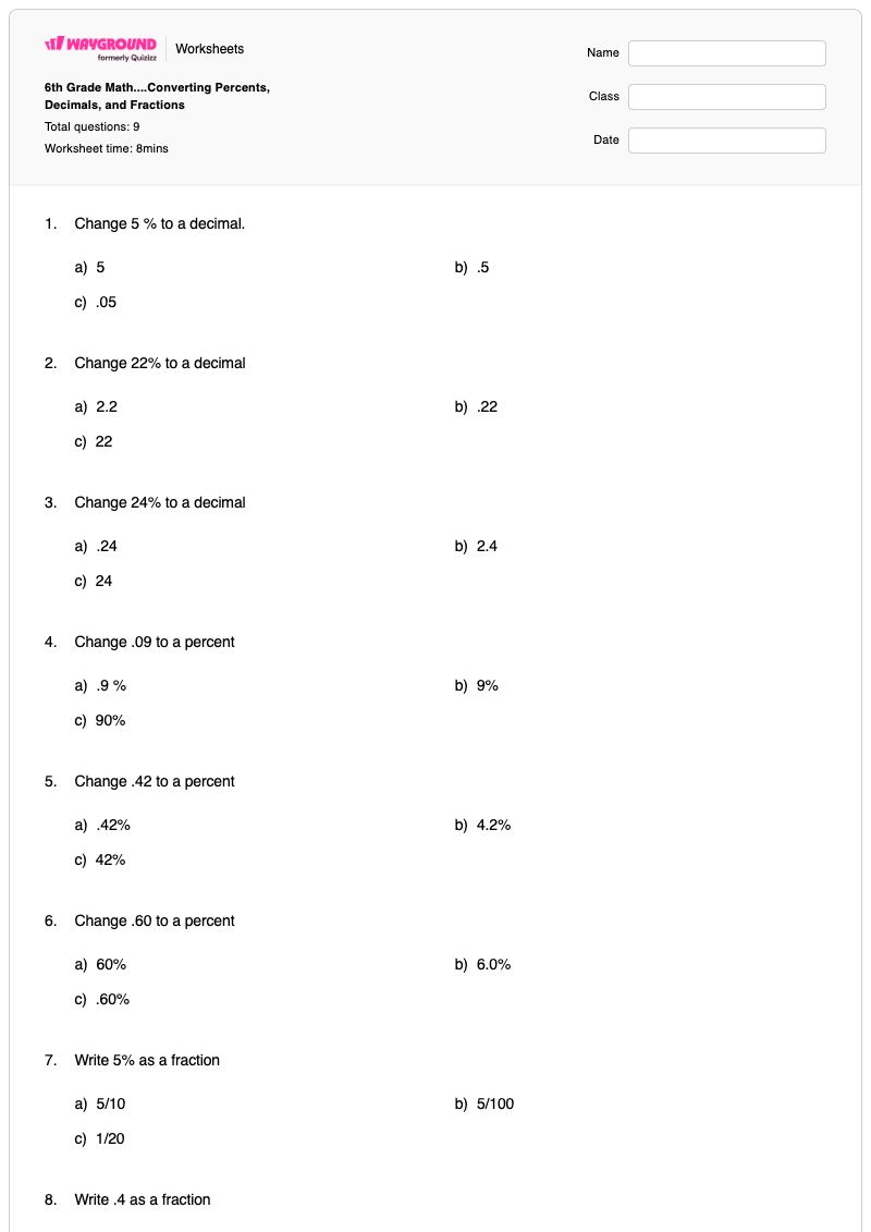 6th Grade Math....Converting Percents, Decimals, and Fractions - พิมพ์ได้ การเรียงลำดับทศนิยม เวิร์กชีท - Wayground