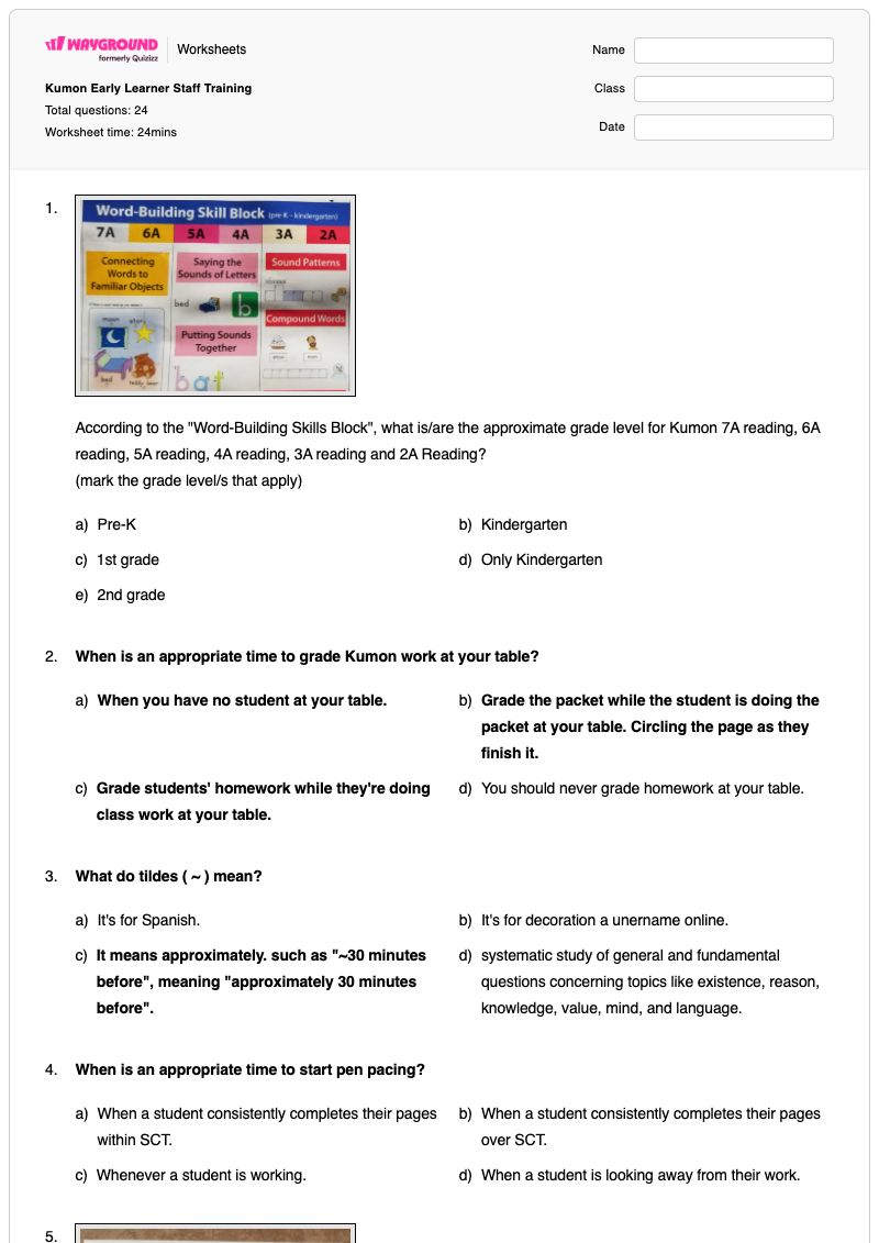 Kumon Early Learner Staff Training - Printable Math Worksheets - Wayground