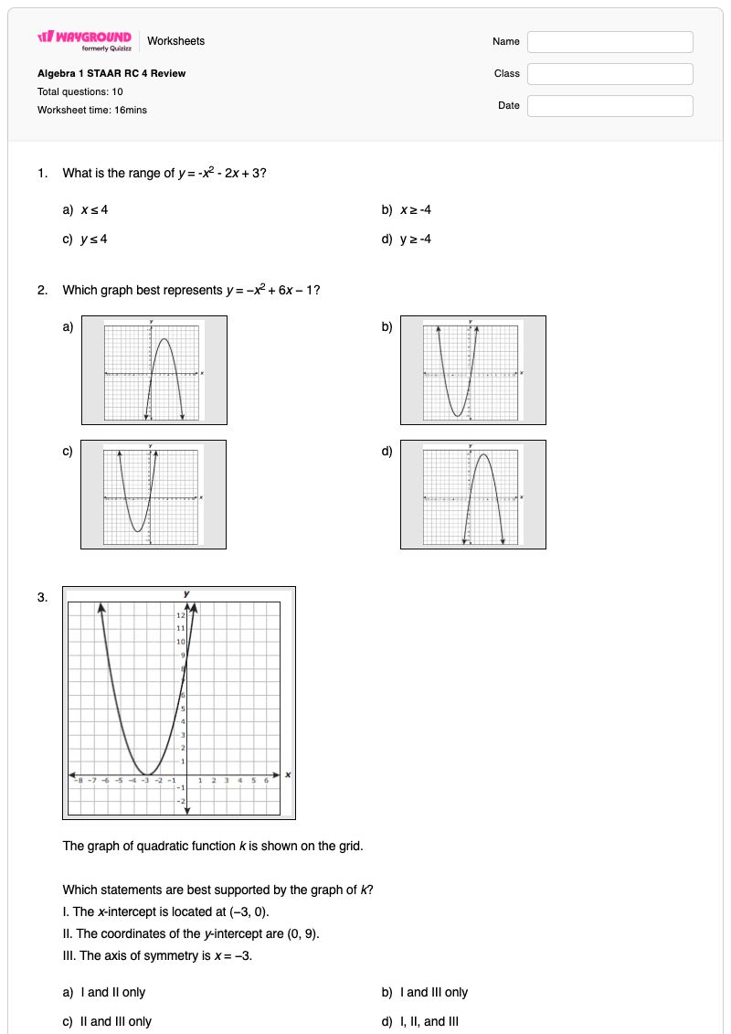 Algebra 1 STAAR RC 4 Review - Printable Functions Worksheets - Wayground
