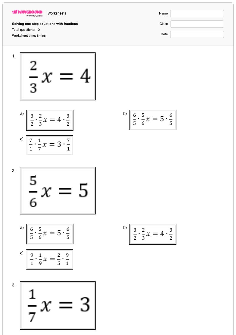 Solving one-step equations with fractions - พิมพ์ได้ สมการขั้นตอนเดียว เวิร์กชีท - Wayground