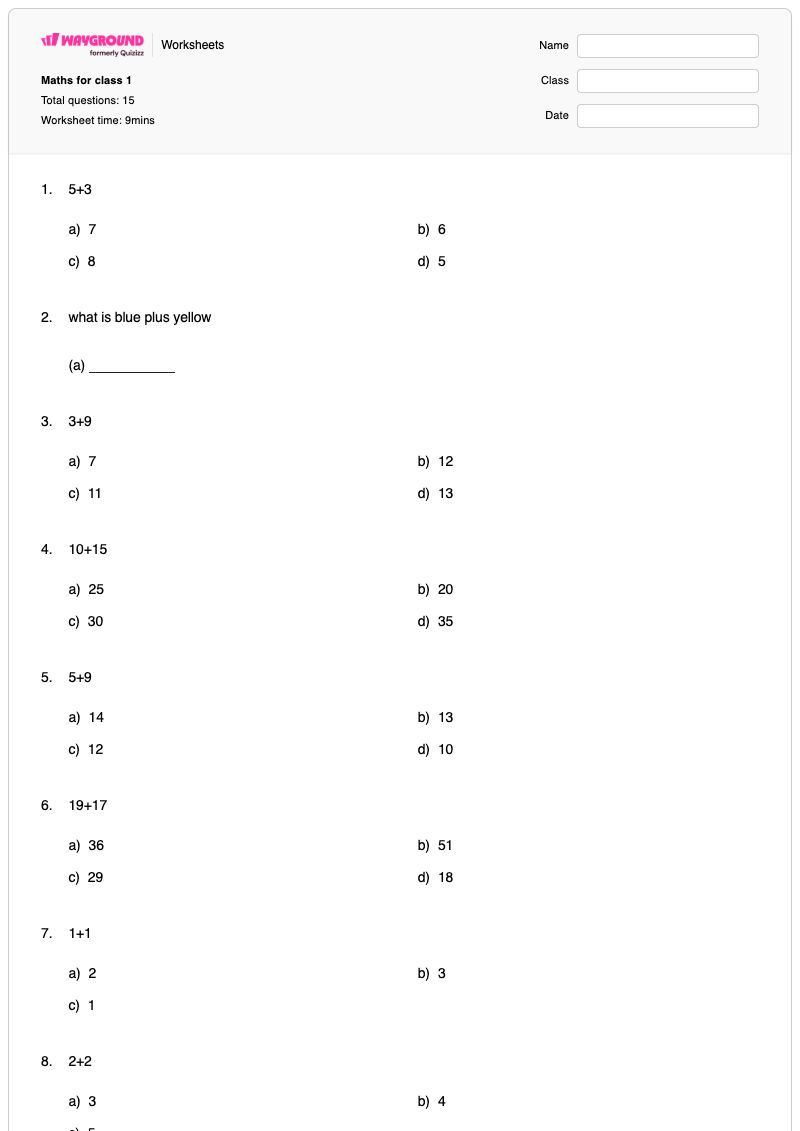 Maths for class 1 - Printable Math Worksheets Year 1 - Wayground