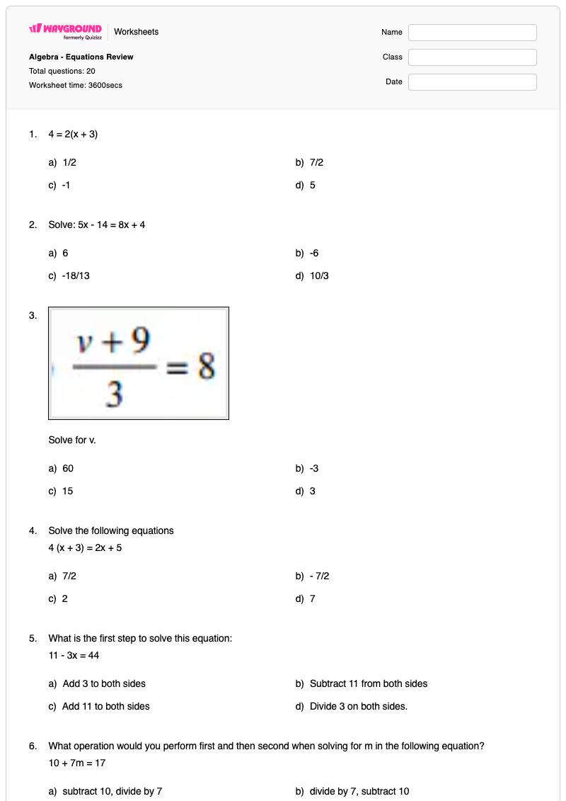 Algebra - Equations Review - Printable Algebra Worksheets - Wayground