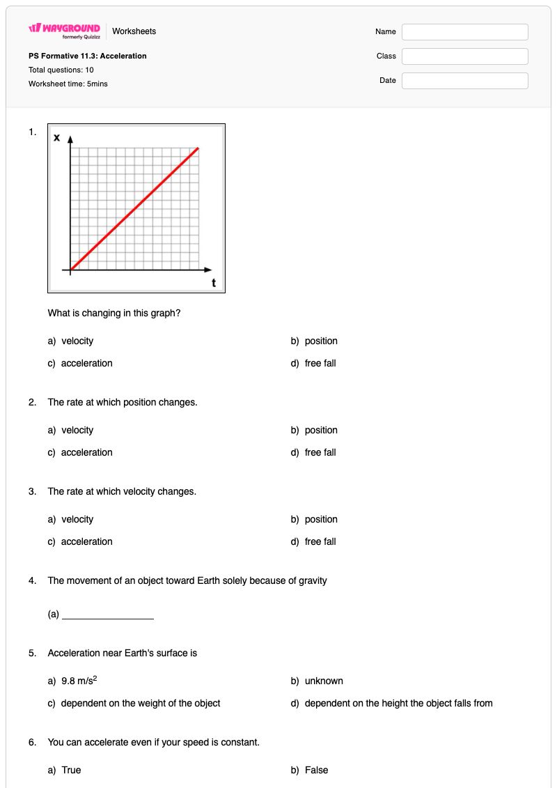 PS Formative 11.3: Acceleration - พิมพ์ได้ ความเร่งสู่ศูนย์กลาง เวิร์กชีท ระดับ 9 - Wayground