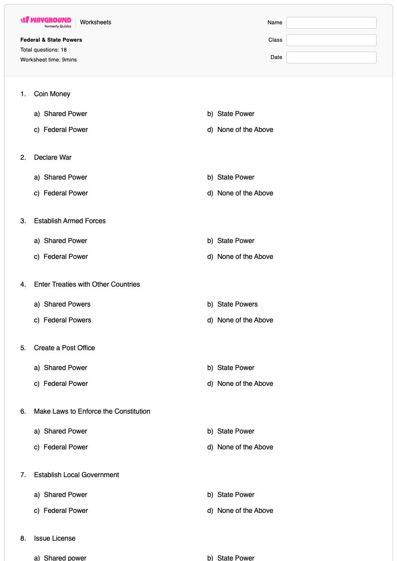 Federal & State Powers - Printable Power-to-a-power Worksheets - Wayground