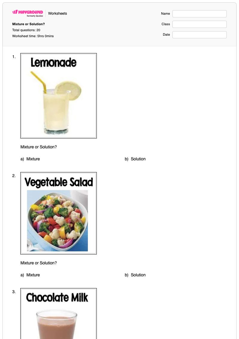 Mixture or Solution?  - Printable Chemistry Worksheets - Wayground