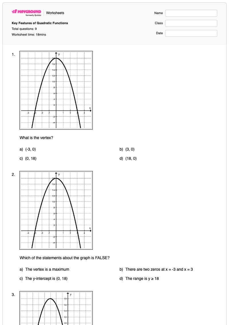 Key Features of Quadratic Functions - Printable Functions Worksheets - Wayground