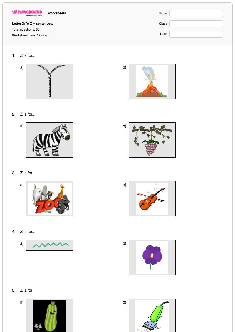 Letter X/ Y/ Z  + sentences. - Printable The-letter-z Worksheets - Wayground