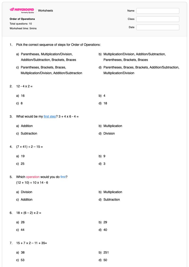 Order of Operations - Printable Math Worksheets - Wayground