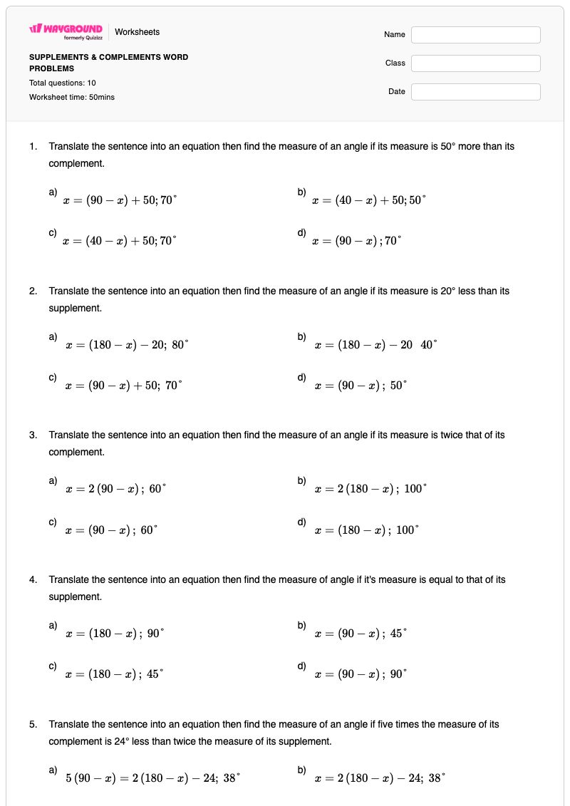 SUPPLEMENTS & COMPLEMENTS WORD PROBLEMS - Printable Angles Worksheets - Wayground