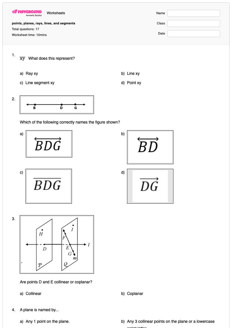 points, planes, rays, lines, and segments - Printable Line-segments Worksheets - Wayground