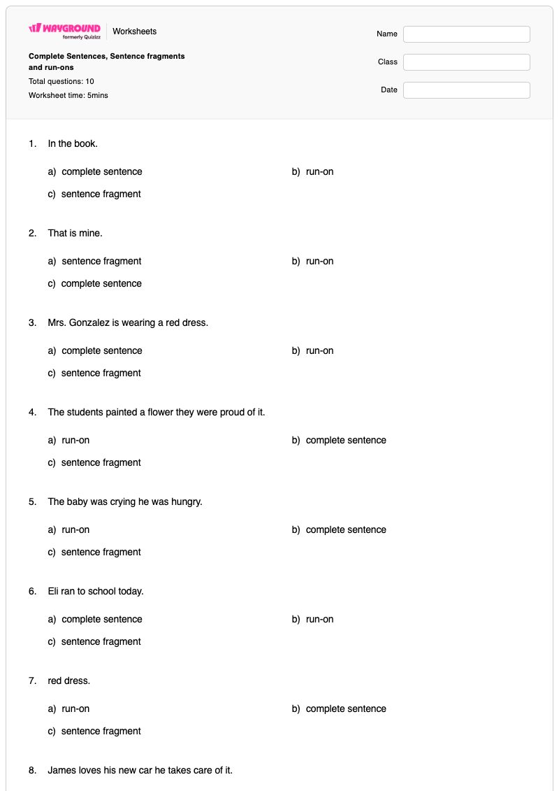 Complete Sentences, Sentence fragments and run-ons - พิมพ์ได้ ประโยคที่สมบูรณ์ เวิร์กชีท ระดับ 5 - Wayground