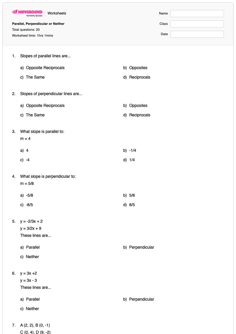 Parallel, Perpendicular or Neither - Printable Algebra Worksheets - Wayground