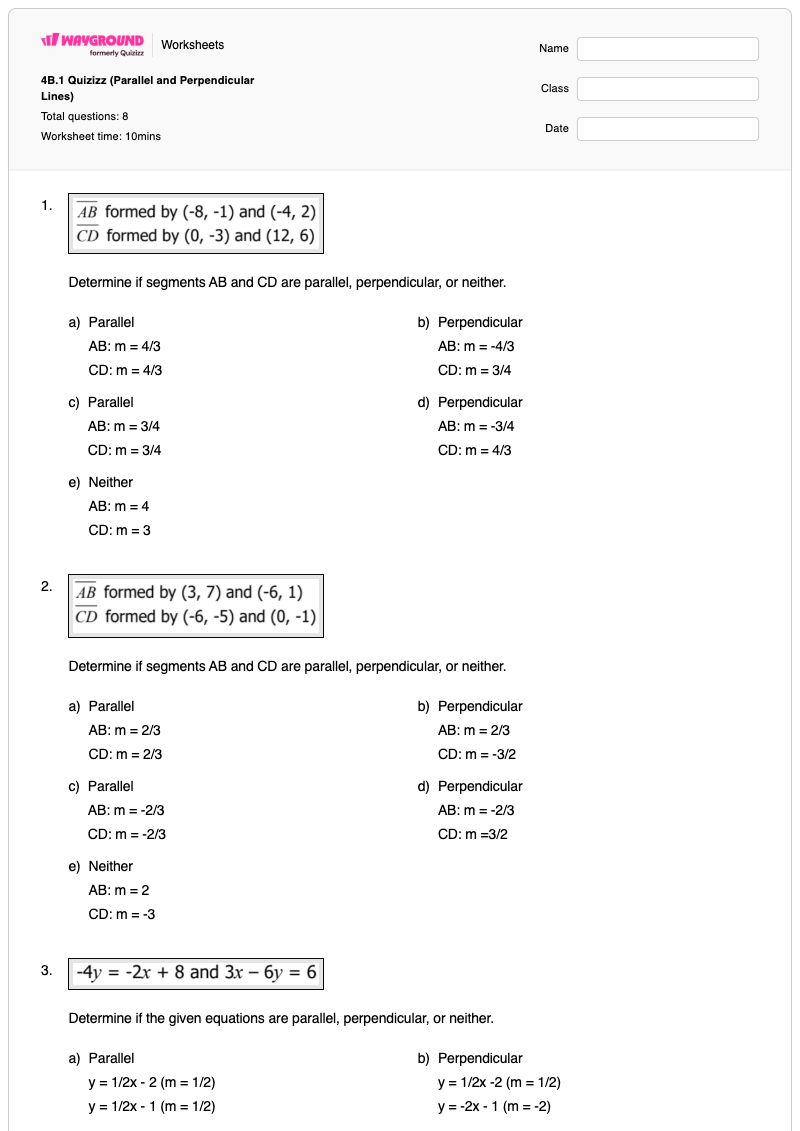 4B.1 Quizizz (Parallel and Perpendicular Lines) - พิมพ์ได้ เส้นขนานและเส้นตั้งฉาก เวิร์กชีท - Wayground