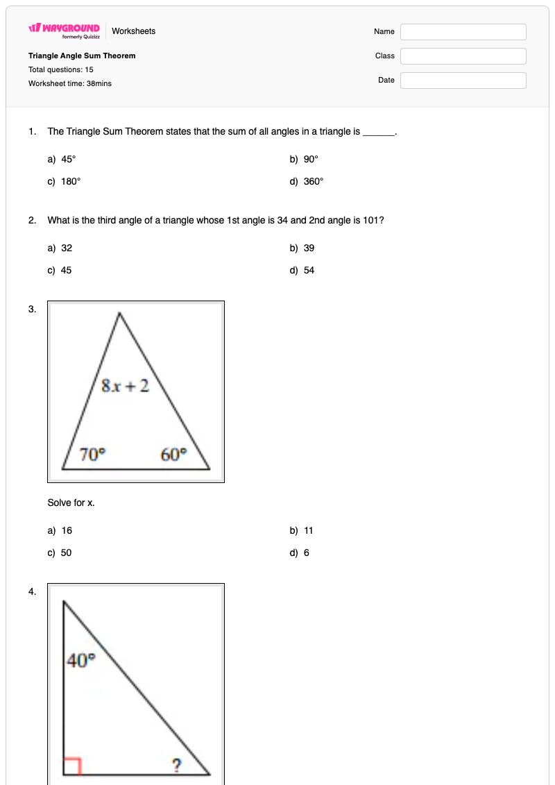 Triangle Angle Sum Theorem - พิมพ์ได้ ทฤษฎีบทผลรวมสามเหลี่ยม เวิร์กชีท - Wayground