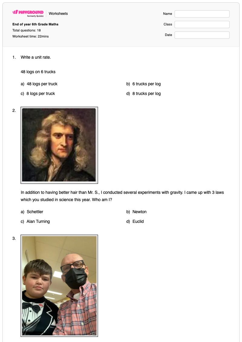 End of year 6th Grade Maths - Printable Math Worksheets - Wayground