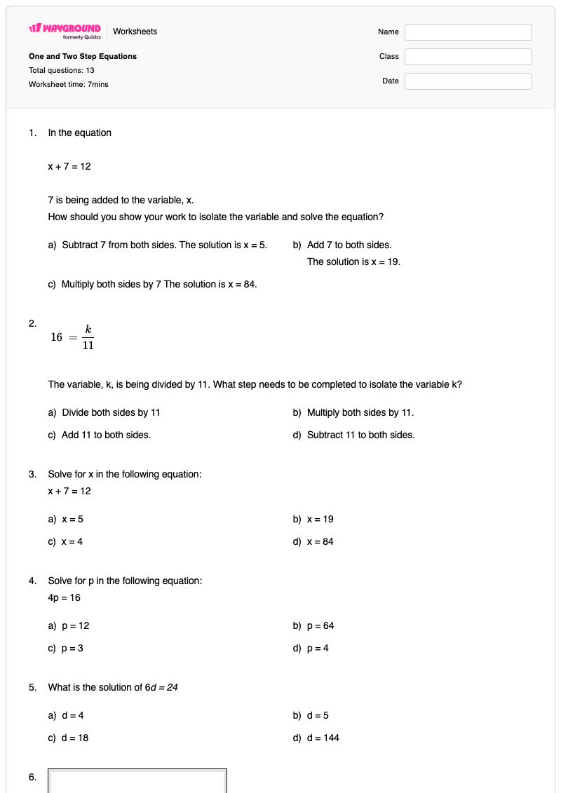 One and Two Step Equations - พิมพ์ได้ สมการขั้นตอนเดียว เวิร์กชีท - Wayground