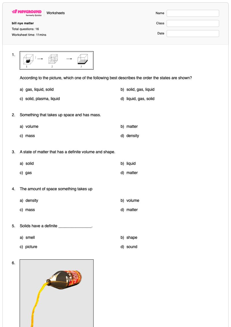 bill nye matter - Printable Science Worksheets - Wayground