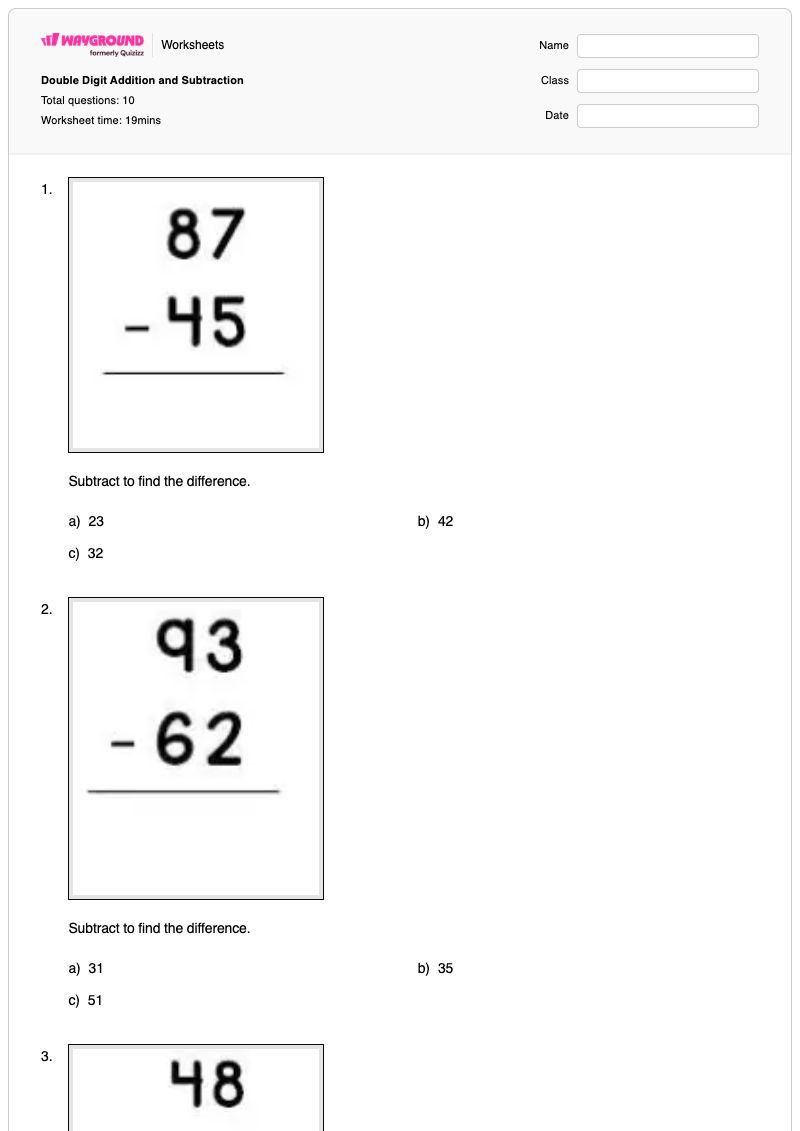 Double Digit Addition and Subtraction - Printable Math Worksheets - Wayground
